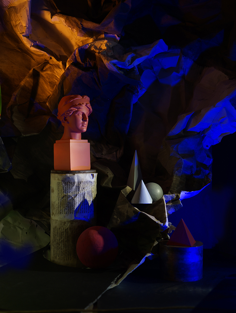 goddess head, surrealism, red queen, pyramid, cone, sphere, ball, 